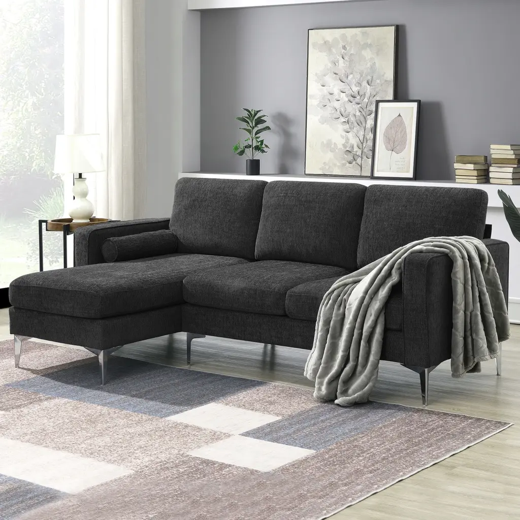 86 Inch Convertible Chenille Fabric Sectional Sofa L-Shaped Couch Reversible Chaise and 2 Pillows IM Lashes