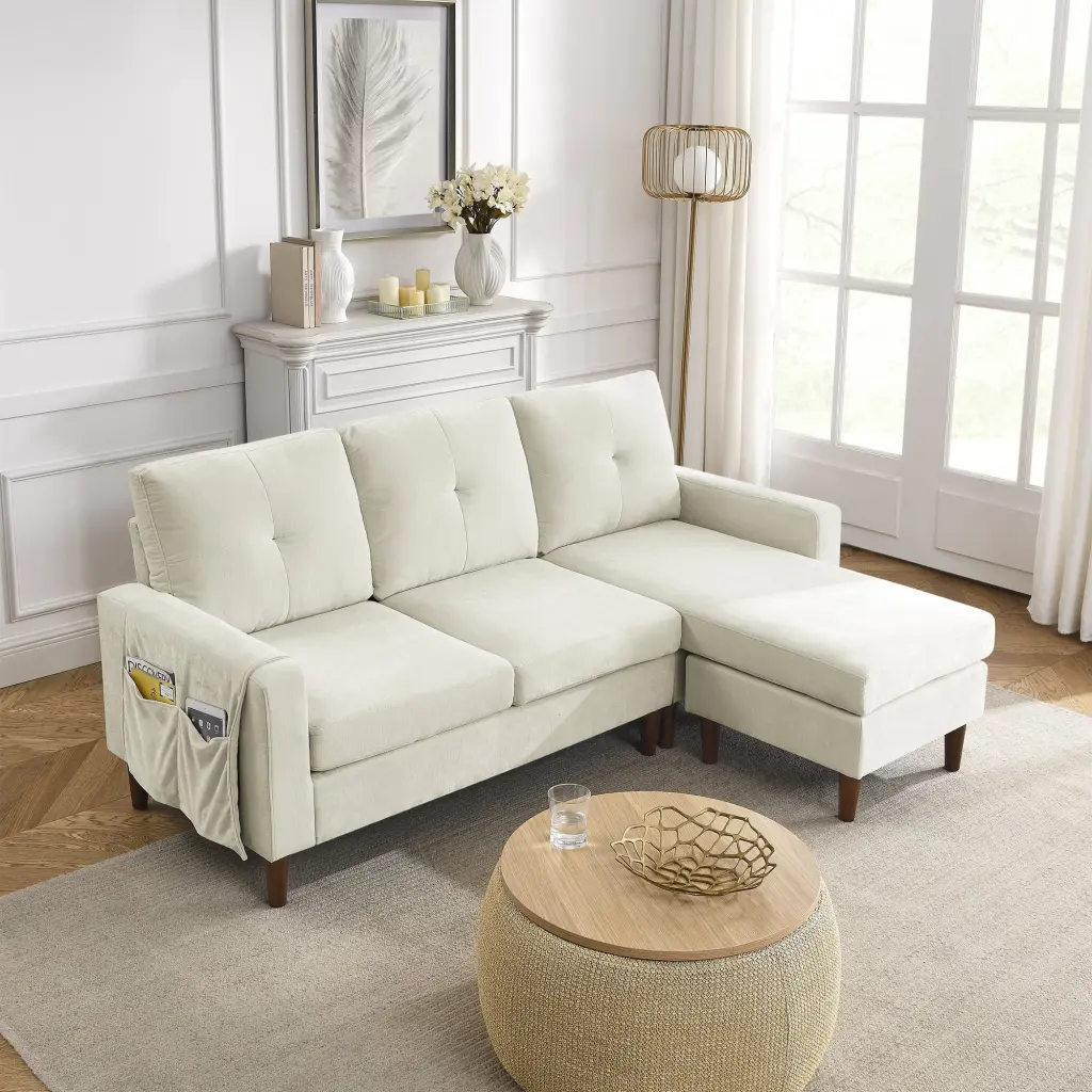 80 Convertible L-Shape Sectional Sofa Couch Removable Cushions Pocket Rubber Wood Legs Beige Chenille Leadbon