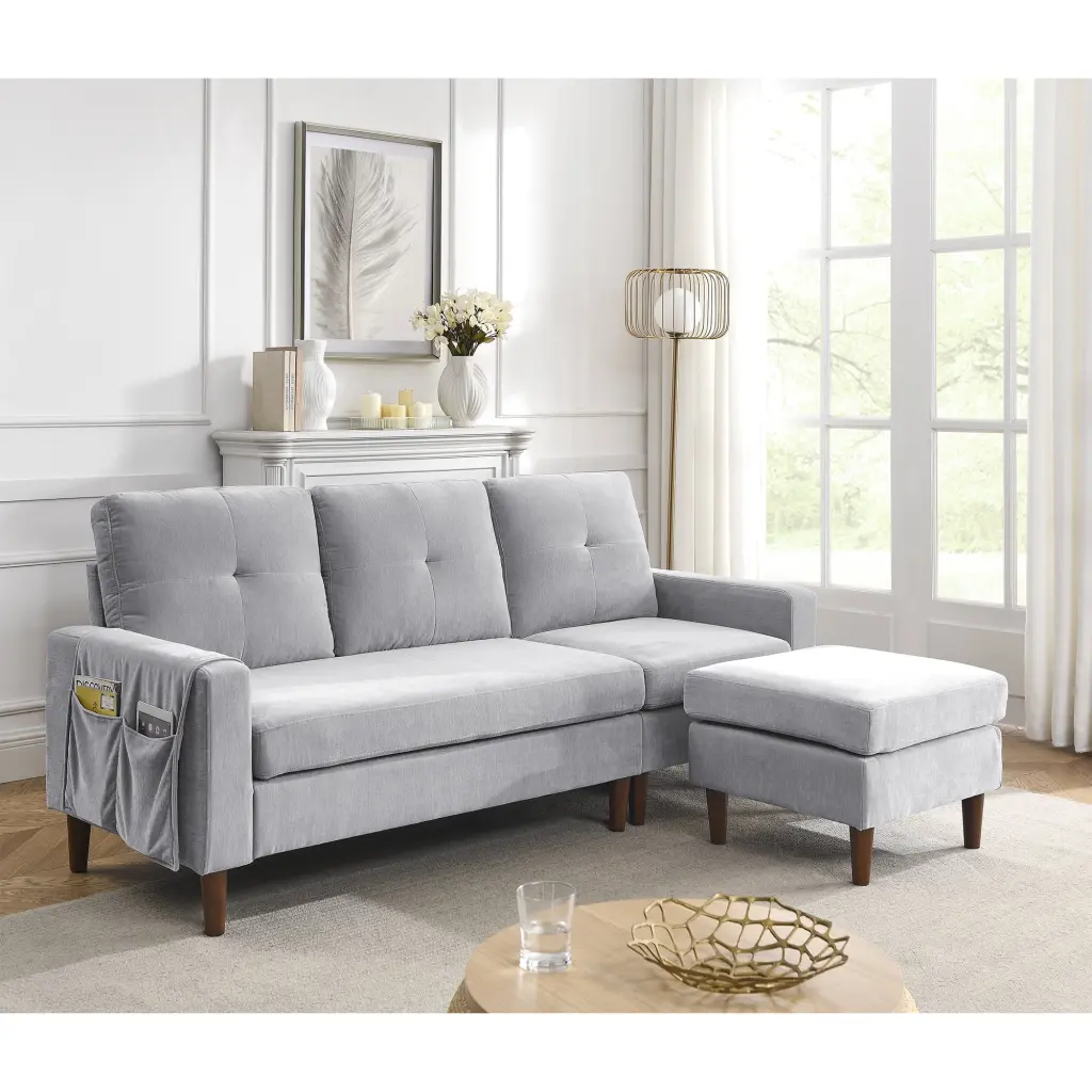 80 Convertible L-Shape Sectional Sofa Couch Removable Cushions Pocket Rubber Wood Legs Light Grey Chenille Leadbon