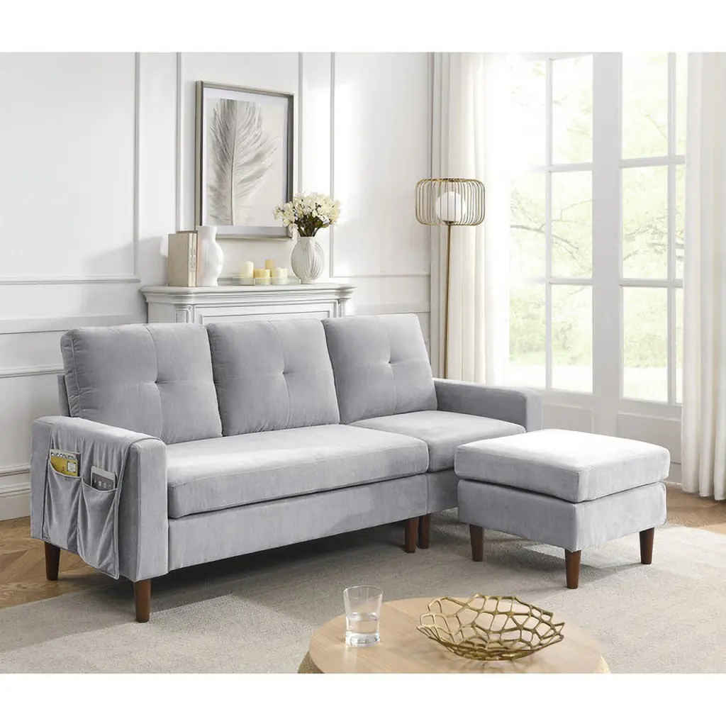 80-inch Light Grey L-Shaped Convertible Sectional Sofa Couch Removable Cushions Storage Pocket Plush Chenille Upholstery P...