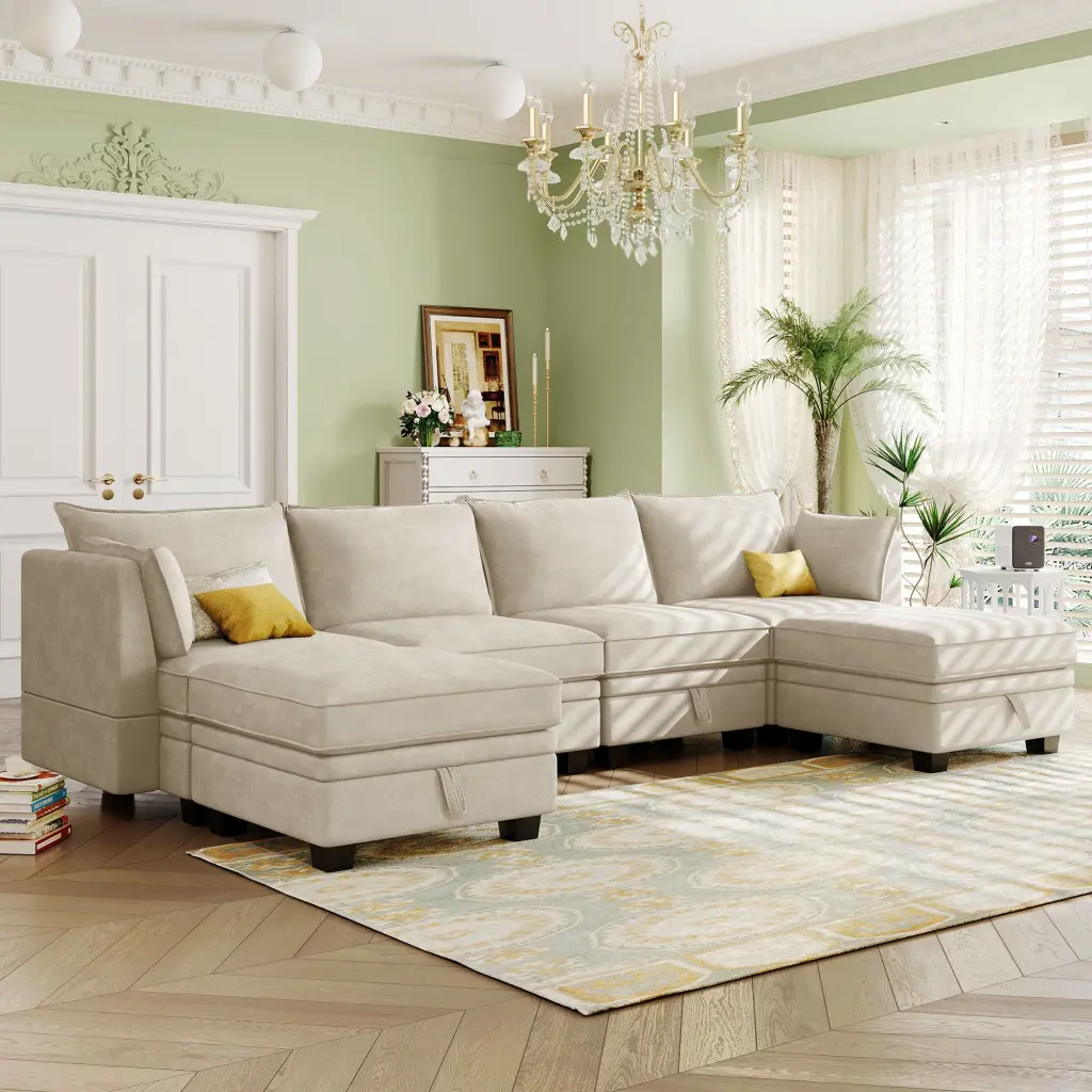 U-Style Large U-Shape Modern Modular Sofa Convertible Bed Reversible Chaise and Storage Seat SNAILF