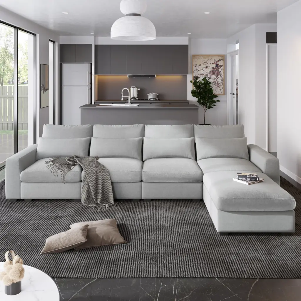 Feather Filled L-Shape Sofa Modern Convertible Sectional Reversible Chaise and 4 Lumbar Pillows Light Gray Triple Tree