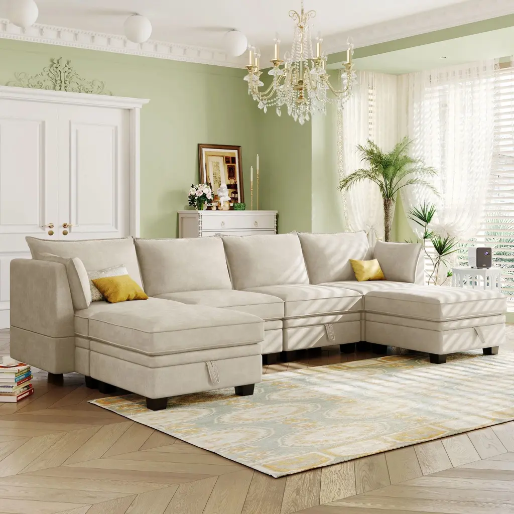 U-Style Modern Large U-Shape Modular Sectional Sofa Convertible Sofa Bed Reversible Chaise and Storage Seat U Style