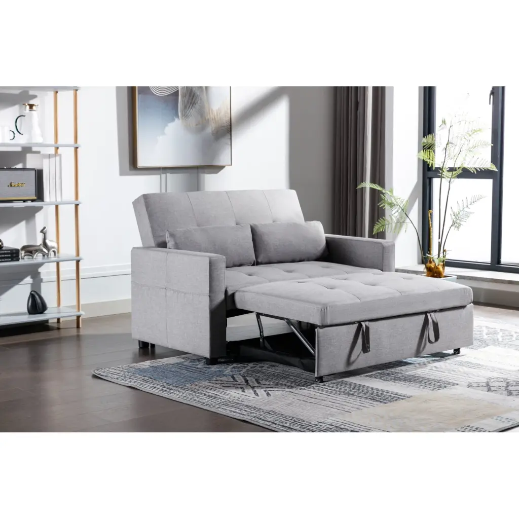 Light Grey Linen Fabric 3--1 Convertible Sleeper Loveseat Side Pocket 81408 Miekor