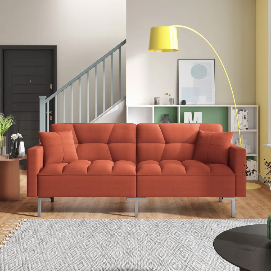Modern Convertible Folding Futon Sofa Bed Comfort Linen Tufted Loveseat Adjustable Back and Metal Leg Support Orange Bed B...
