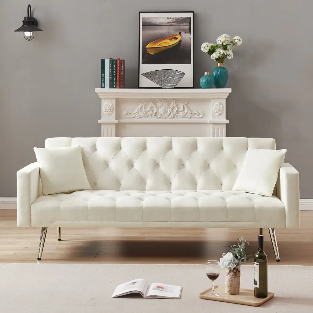 Cream White Convertible Folding Futon Sofa Bed Sleeper Sofa Couch Compact Living Space CNCJ