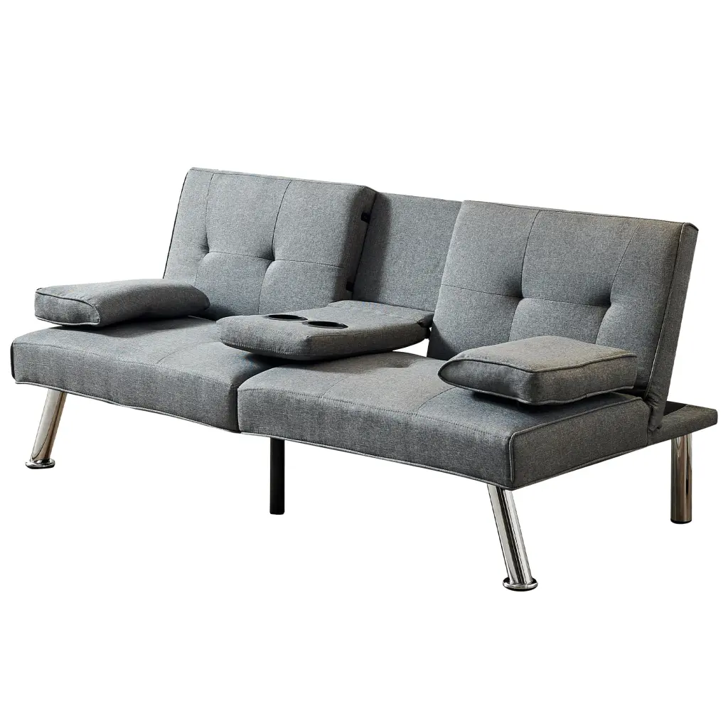 CoSoTower Linen Fabric Modern Sofa Bed Futon 2 Cup Holders and Removable Armrests Gray