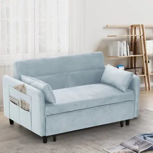 Goldmeet 54 Light Blue Velvet Sofa Pull-Out Bed and 2 Pillows - Space Saving Sleeper Couch