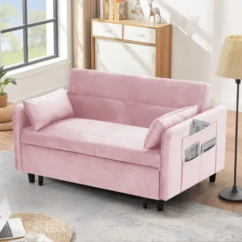 Goldmeet 54 Pink Velvet Sofa Pull-Out Bed and 2 Pillows - Compact Sleeper Small Spaces