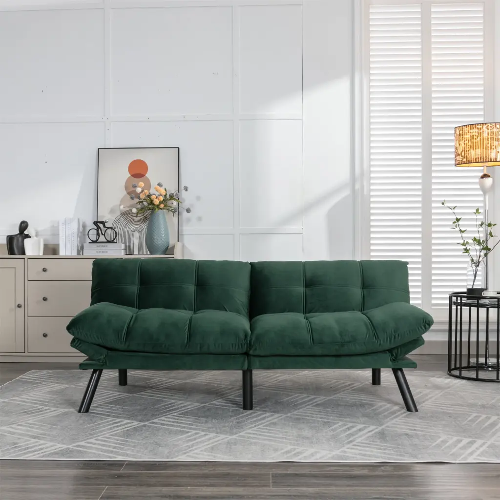 Futon Sofa Bed Velvet Convertible Folding Couch Adjustable Armrest Memory Foam Sleeper Small Spaces Emerald HOMIQUEEN