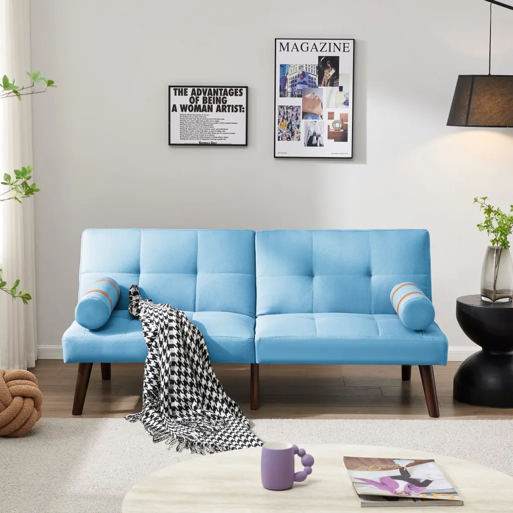 Homiyad Convertible Sofa Bed Futon Solid Wood Legs Blue Linen Fabric