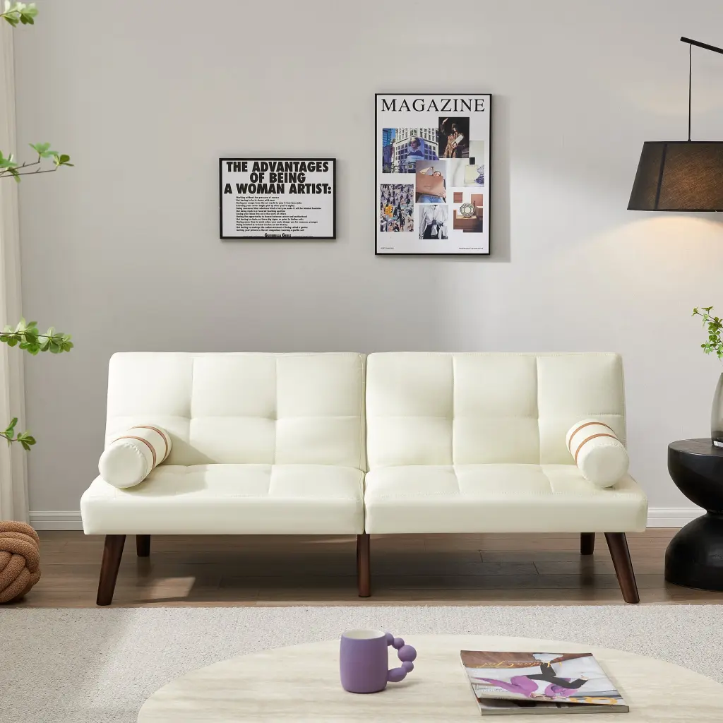 Homiyad Convertible Sofa Bed Futon Solid Wood Legs Ivory Linen Fabric