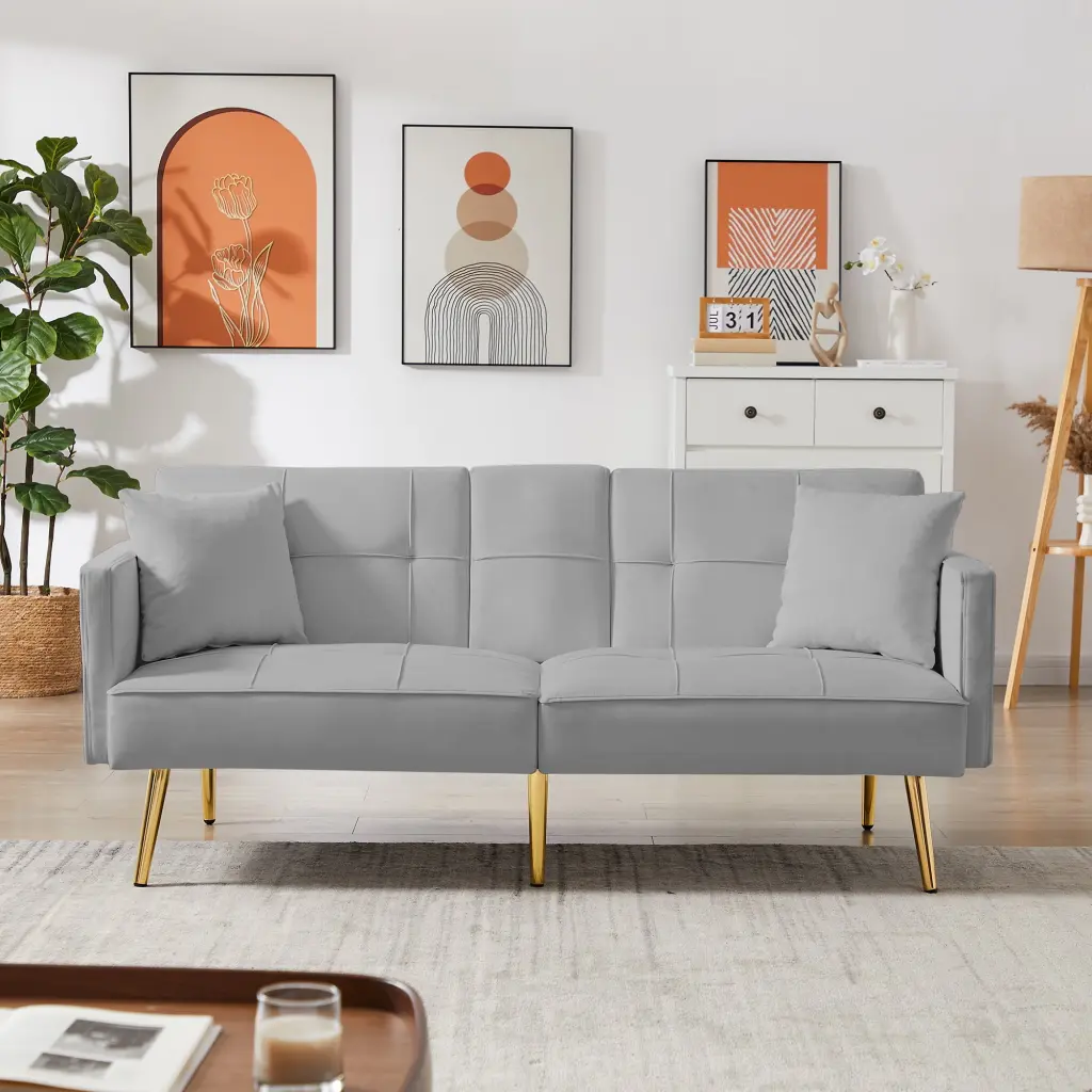 Homiyad Grey Velvet Futon Sofa Bed Gold Metal Legs - Convertible Sleeper Small Spaces