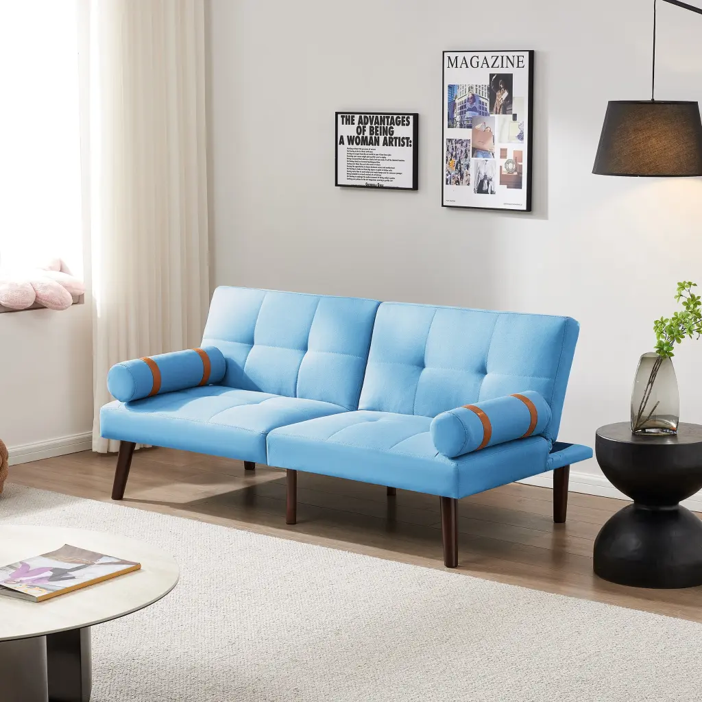 Convertible Sofa Bed Futon Solid Wood Legs Linen Fabric Blue Jamini