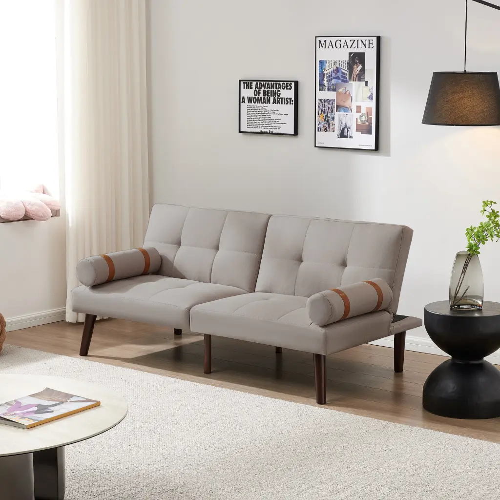 Convertible Sofa Bed Futon Solid Wood Legs Linen Fabric Light Grey Jamini