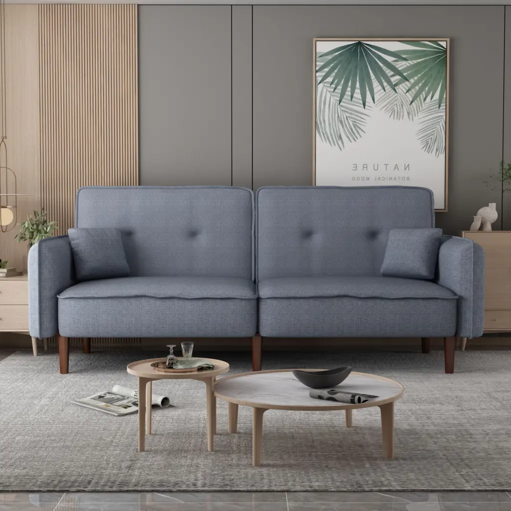 Futon Sofa Bed Solid Wood Legs Grey Fabric Jamini