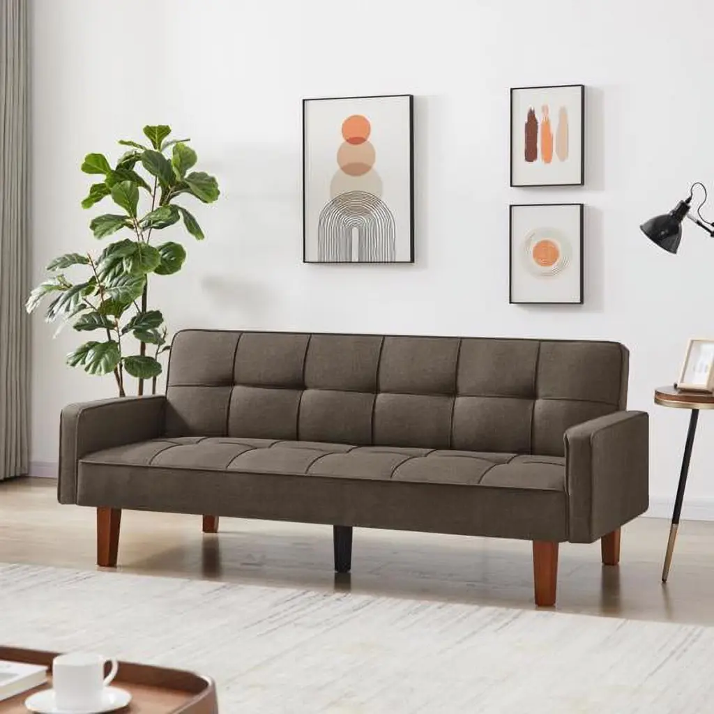 Miekor Brown Linen Convertible Sleeper Sofa Bed Solid Wood Feet and Plastic Centre Legs G3877