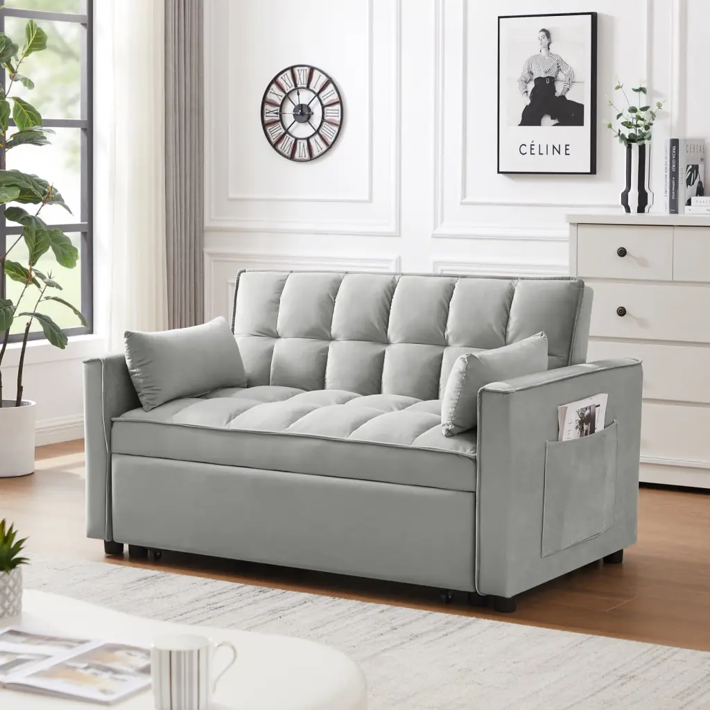 Miekor Modern Velvet Loveseat Futon Sofa Couch Pullout Bed Reclining Backrest Toss Pillows and Pockets 3 1 Convertible Sle...