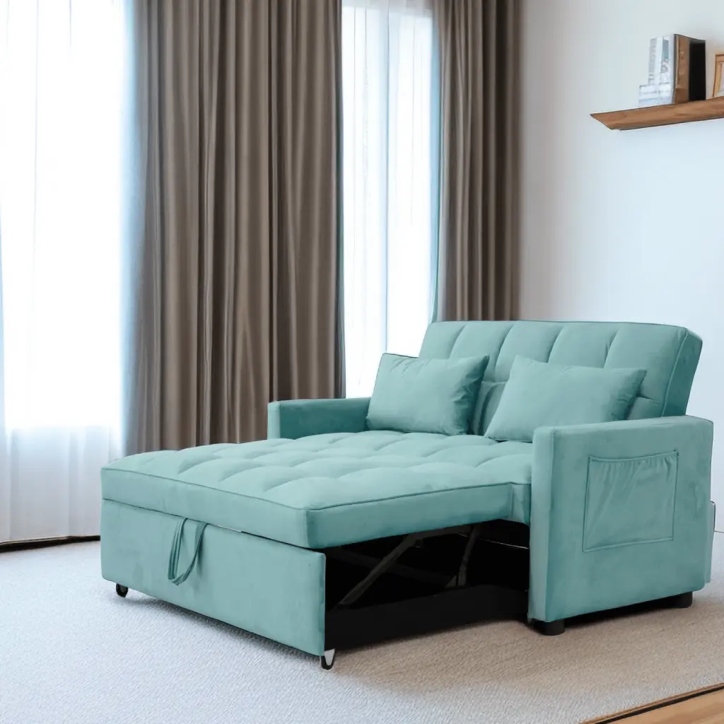 Miekor Plush Velvet Two-Seater Pull-Out Sofa Bed Storage Pockets USB Charging Ports and Phone Holder Adjustable Backrest