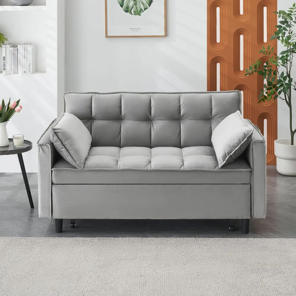 Modern Velvet Loveseat Futon Pullout Bed and Reclining Backrest - Space Saving 3--1 Design OMCCHK