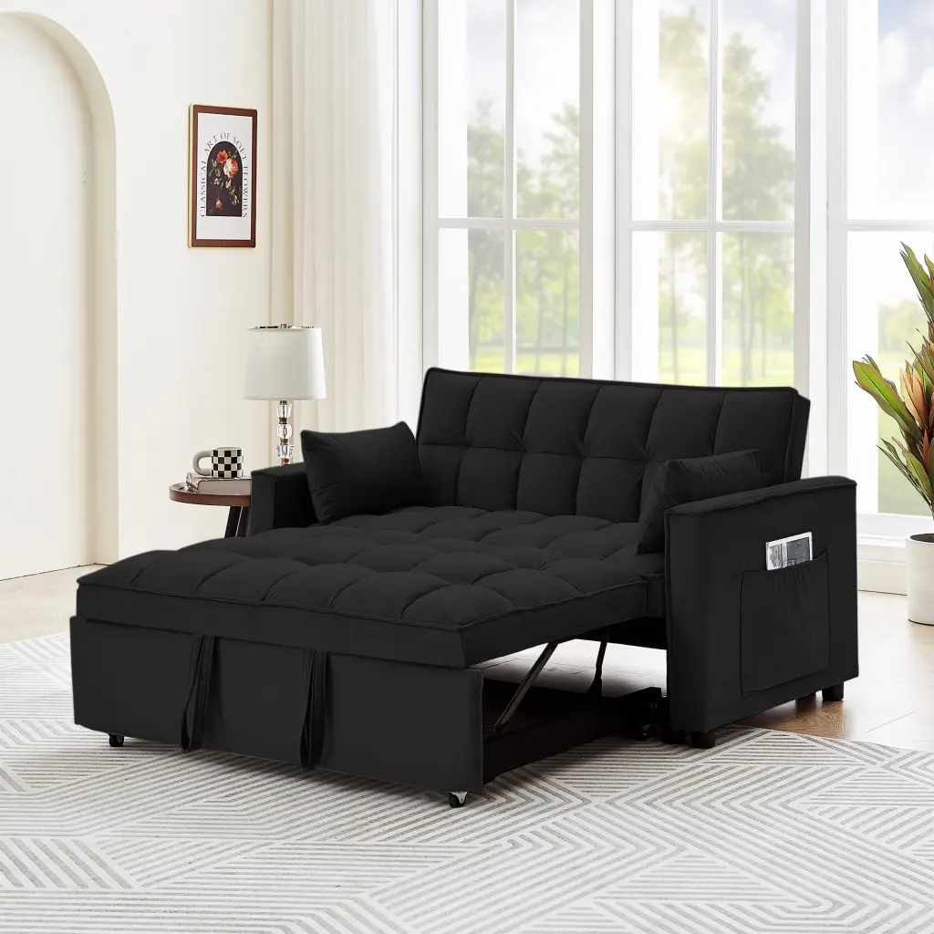Zechuan Convertible Sofa Bed Pull Out Bed 55 Tufted Velvet Loveseat Sleeper Sofa Black