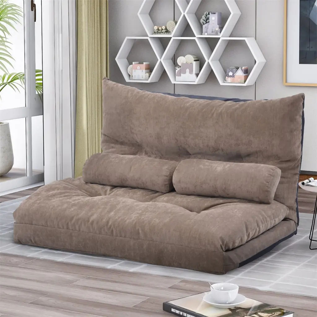 Adjustable Folding Futon Sofa Bed Convertible Lazy Sofa Light Brown - Floor Chair Two Pillows ARCTICSCORPION