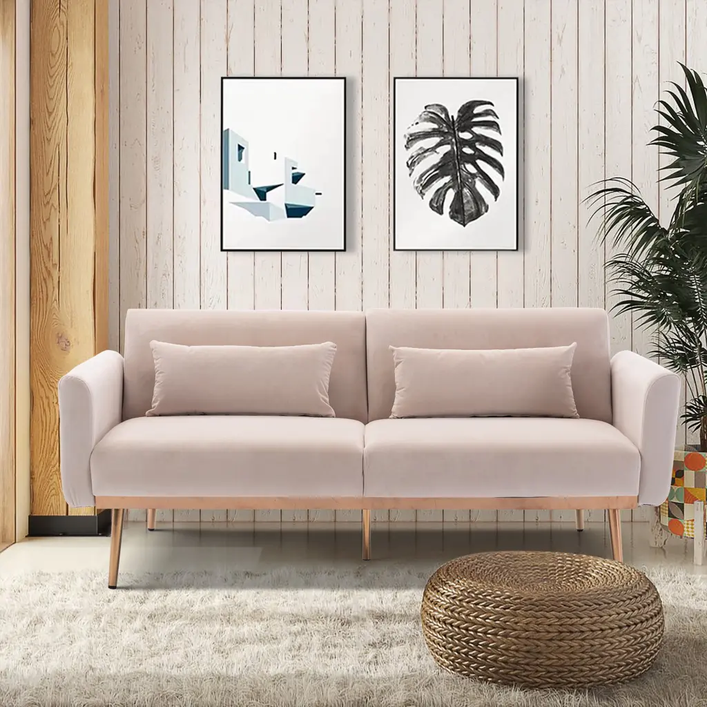 Velvet Convertible Sofa Couch 2 Pillows and Metal Feet Beige Branax