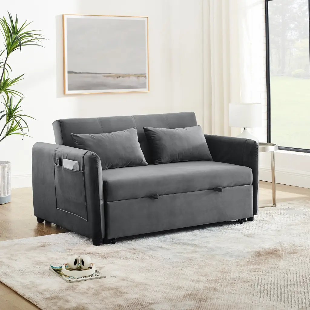Convertible Sofa Bed 3--1 Versatile Velvet Double Sofa Pullout Bed Adjustable Backrest Lumbar Pillows and Side Pockets 54 ...