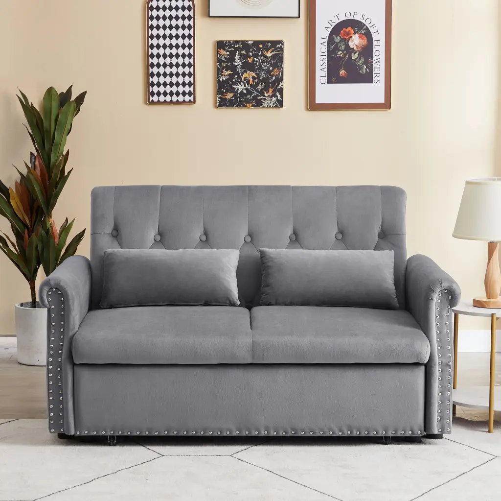 55'' Modern Shiny Velvet Convertible Loveseat Sleeper Sofa Couch 2 Lumbar Pillows Adjustable Pull-Out Bed Removable Armres...