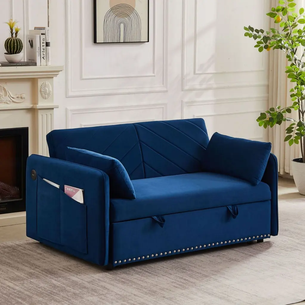 Sleeper Sofa Bed USB Port 3--1 Adjustable Sleeper Pull-Out Bed 2 Lumbar Pillows and Side Pocket Soft Velvet Convertible So...