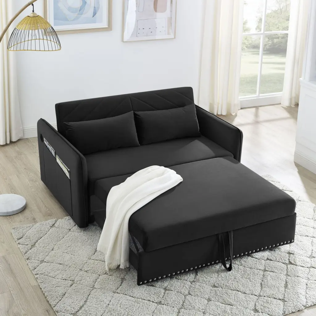 Sleeper Sofa Bed USB Port 3--1 Adjustable Sleeper Pull-Out Bed 2 Lumbar Pillows and Side Pocket Soft Velvet Convertible So...