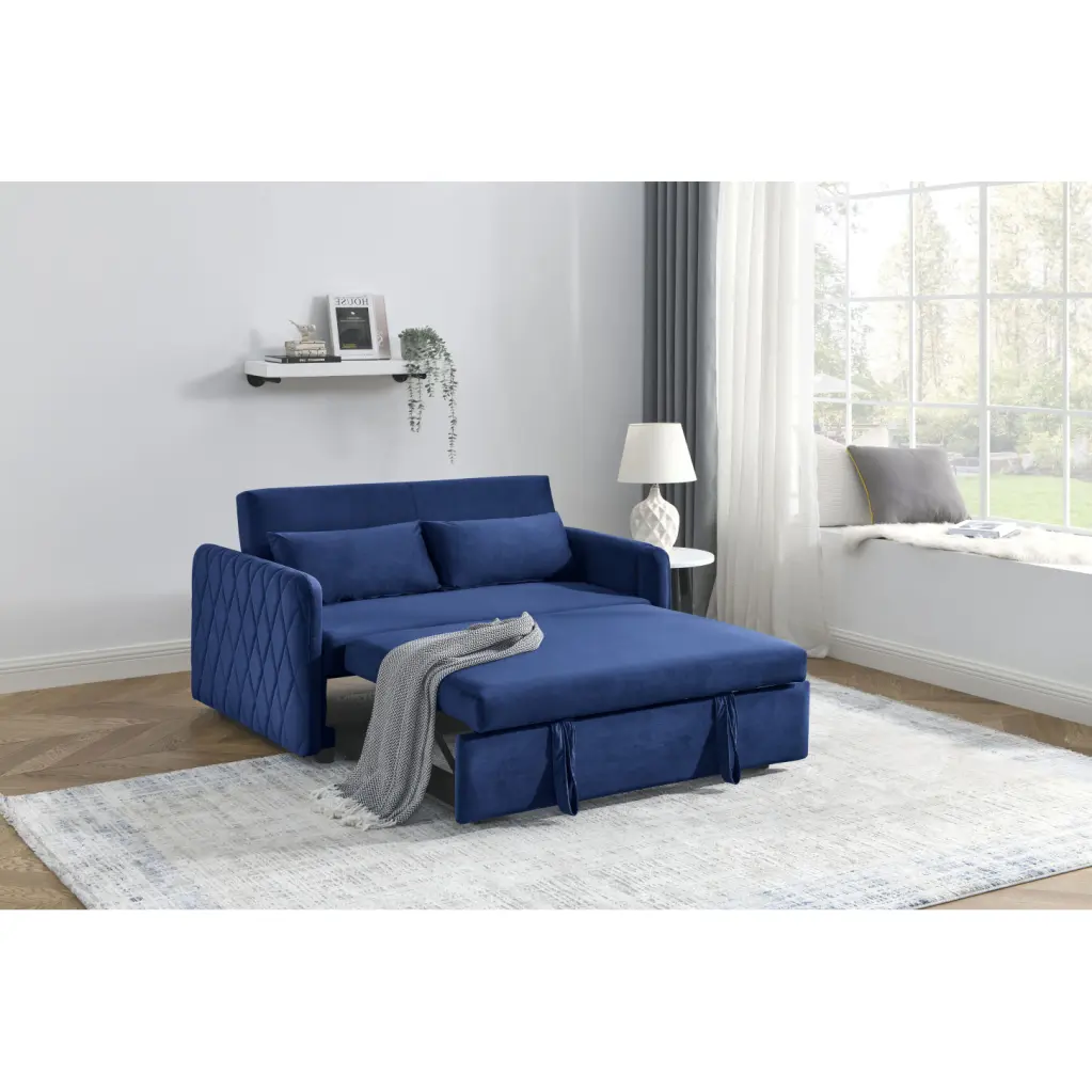 Blue Velvet Convertible Sofa Bed Pull-Out Bed and Adjustable Backrest HATNOKIL