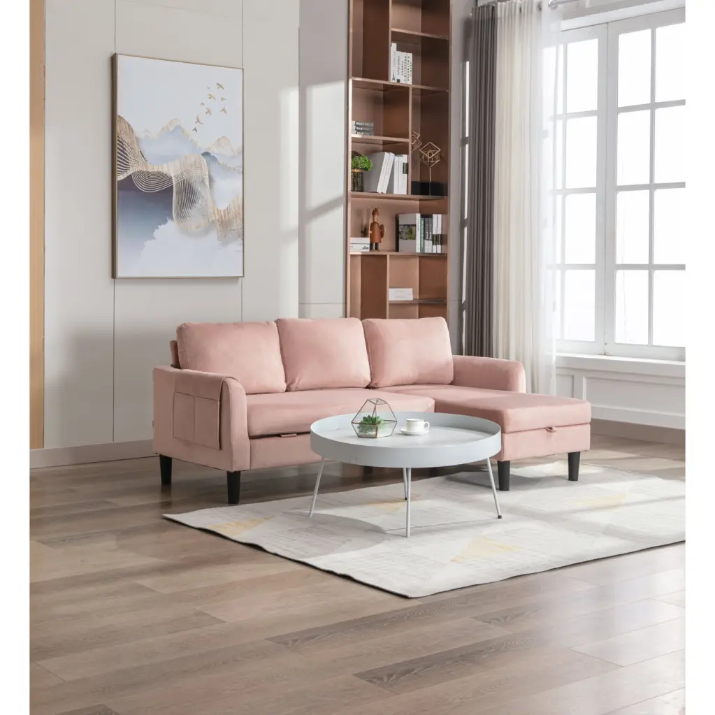 Pink Reversible Sleeper Sofa Storage Chaise Modern Design Soft Polyester Upholstery HATNOKIL
