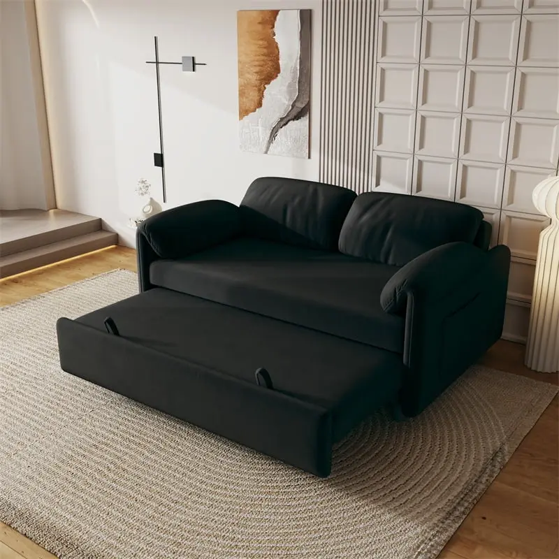 54'' Convertible Sleeper Sofa Bed 2 Seats Pull Out Bed Adjustable Backrest and Side Pocket Living Room Small Apartment Bla...