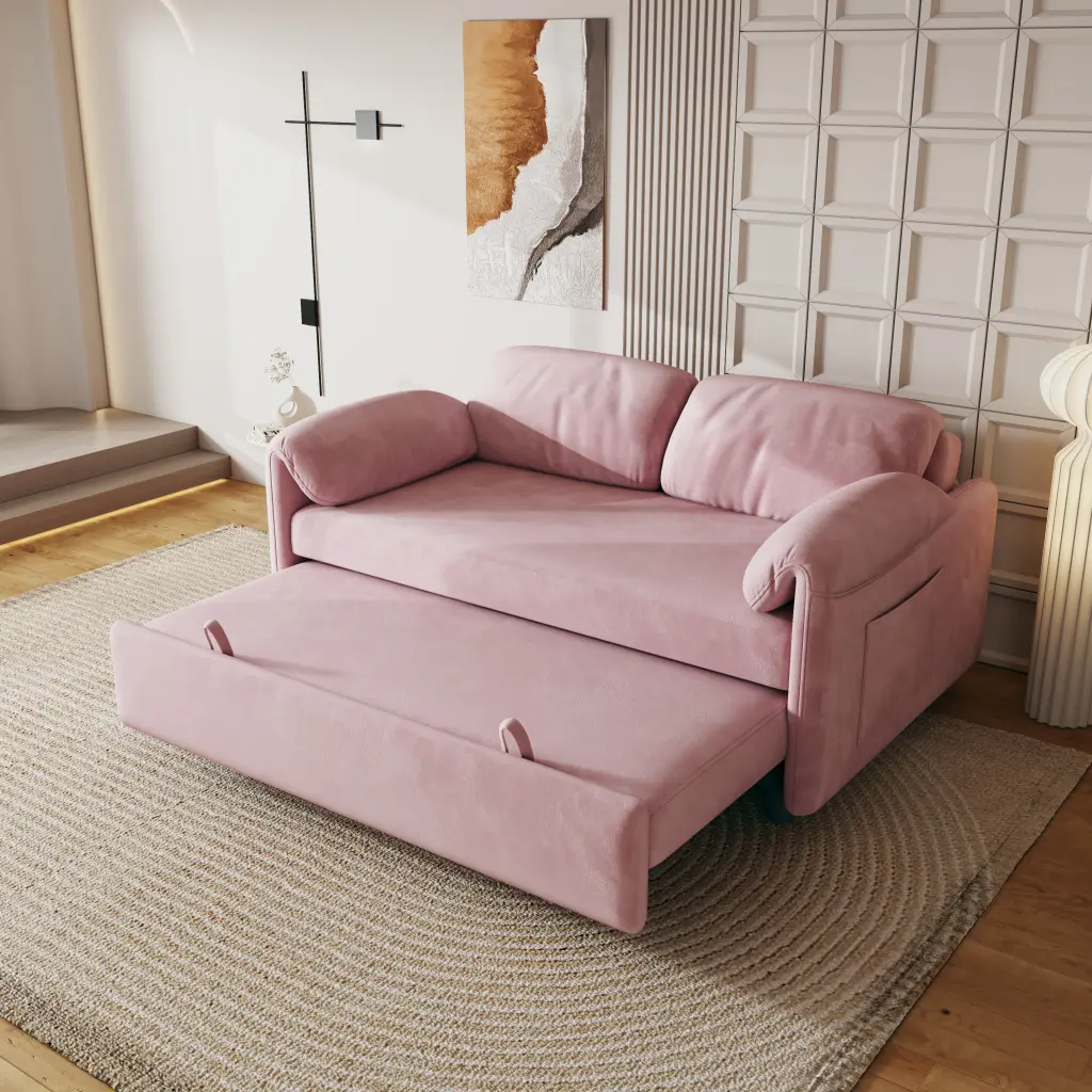 54'' Convertible Sleeper Sofa Bed 2 Seats Pull Out Bed Adjustable Backrest and Side Pocket Living Room Small Apartment Pin...