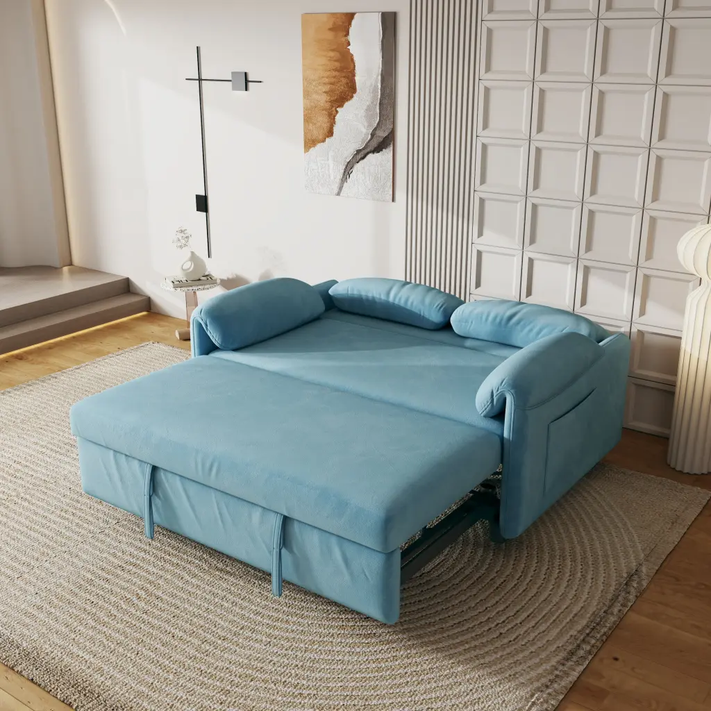 54'' Convertible Sleeper Sofa Bed 2 Seats Pull Out Bed Adjustable Backrest and Side Pocket Living Room Small Apartment Blu...