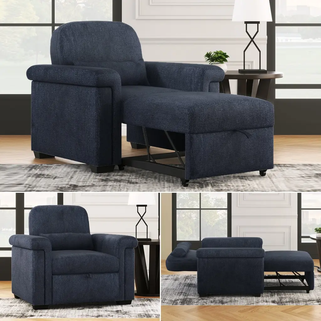 3--1 Convertible Sleeper Chair Sofa Bed - Pull-Out Couch Adjustable Backrest and Pillow - Dark Blue HOMXIAOWO