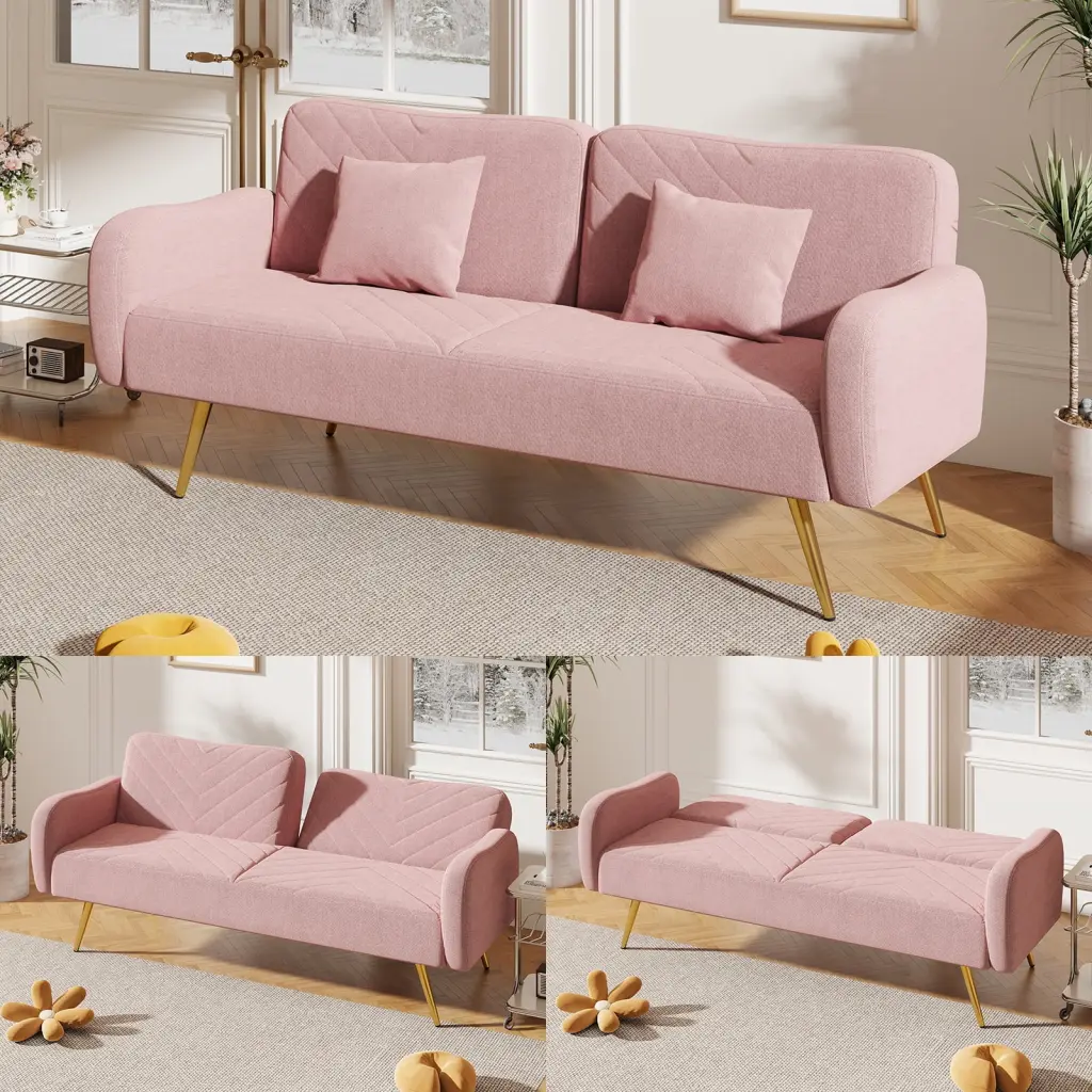 Elegant 70.47 Inch Pink Fabric Convertible Sofa Bed Split Backrest Eucalyptus Wood Frame and Two Throw Pillows HOMXIAOWO
