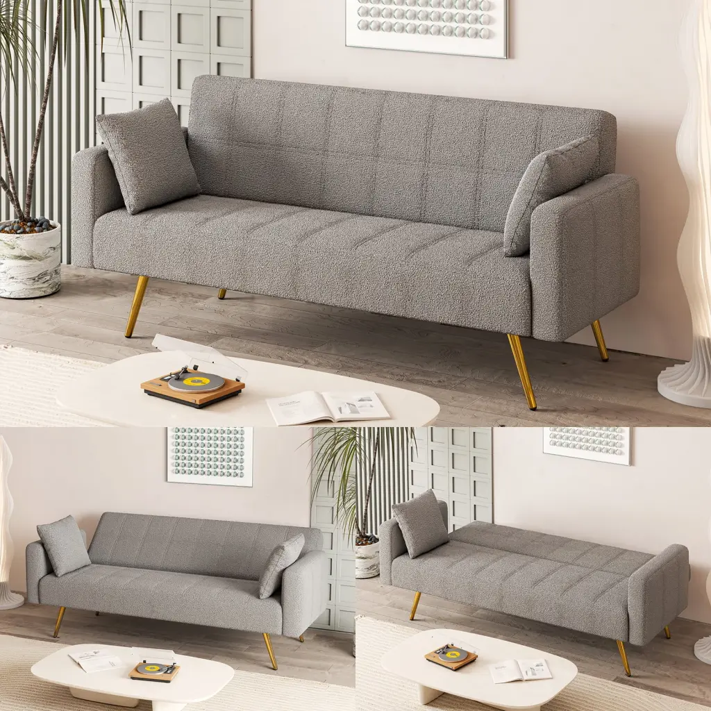 Grey Teddy Fleece Sofa Bed Two Throw Pillows and Metal Legs Modern Living Spaces HOMXIAOWO