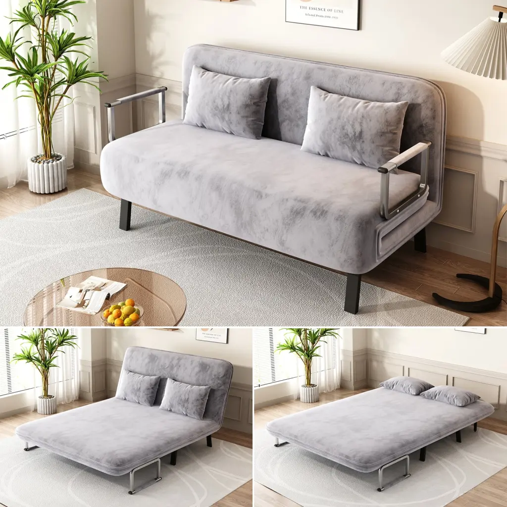 Modern Velvet Convertible Sofa Bed Metal Armrests Two Cushions Space-Saving Sleeper Sofa HOMXIAOWO
