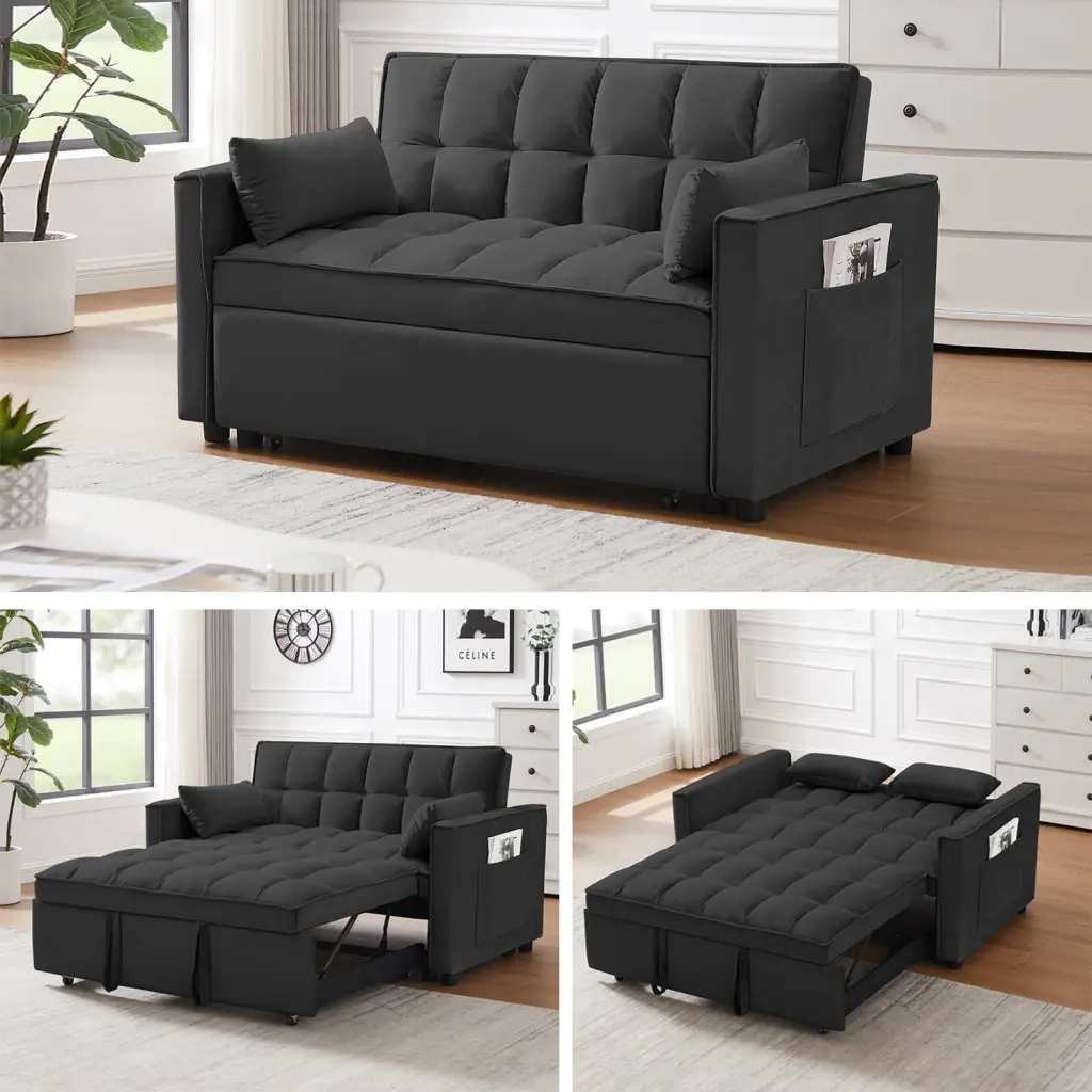 Modern Velvet Loveseat Futon Sofa Couch Pullout Bed 3--1 Convertible Sleeper Sofa Reclining Backrest Toss Pillows Storage ...
