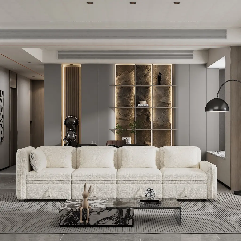 122.8 Convertible Modular Minimalist Sofa Free Combination 4 Seater Chenille Fabric Sectional Sofa 5 Pillows Jamini