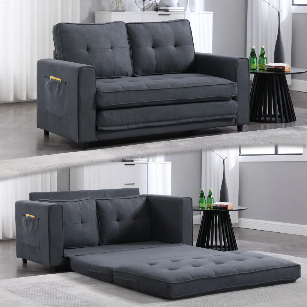 3--1 Upholstered Futon Sofa Convertible Floor Sofa Bed Side Pockets Dark Gray Jamini