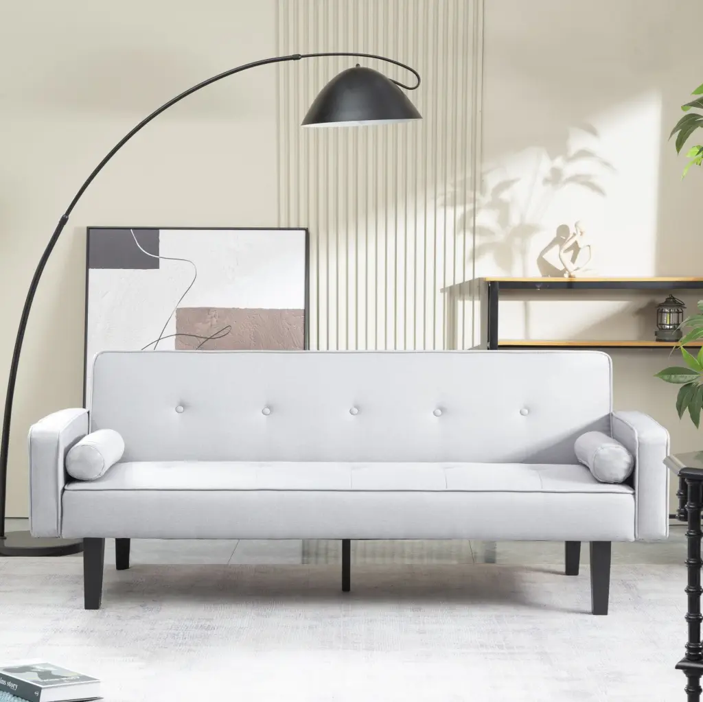 Futon Sofa Bed Convertible Couch Bed Armrests Light Grey - Modern Linen Sleeper Set Solid Wood Legs Jamini