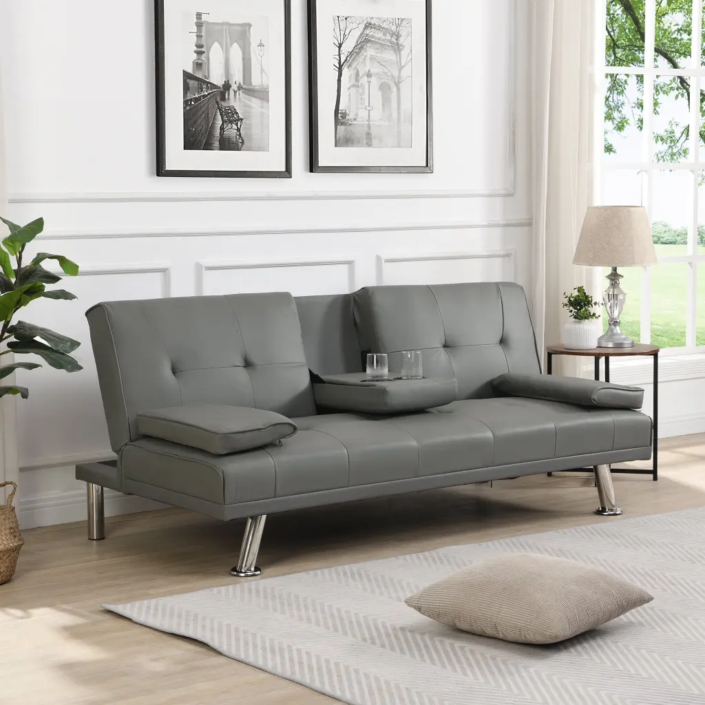 Sofa Bed Armrest Two Holders Wood Frame Stainless Leg Futon Grey PVC Convertible Sleeper Jamini