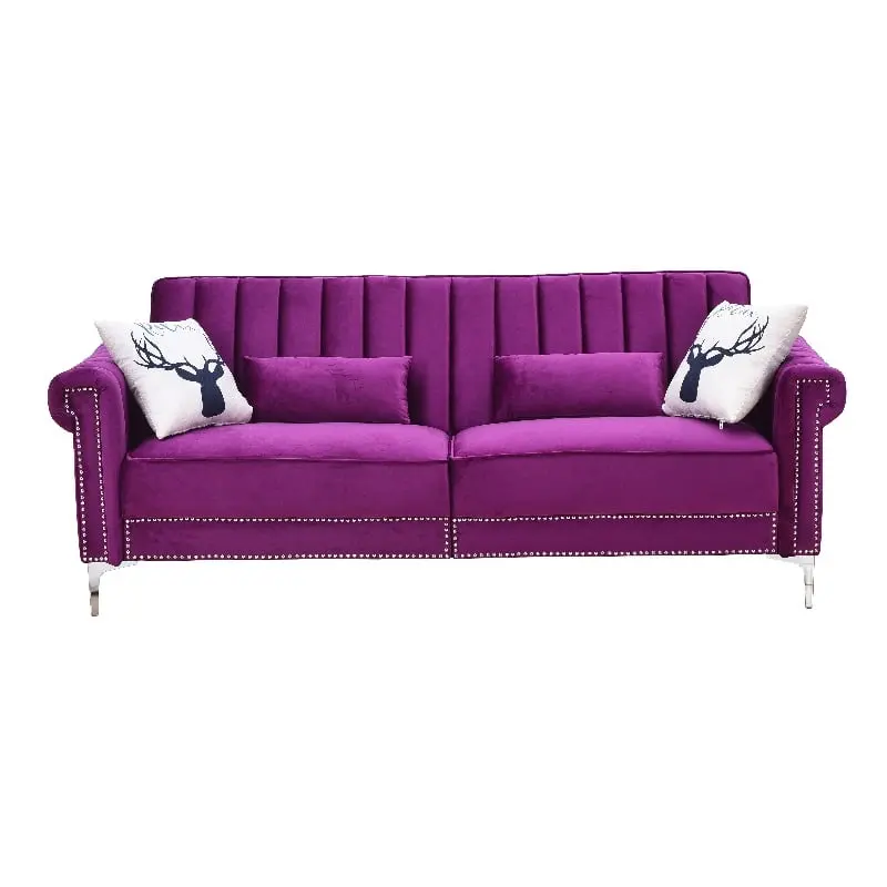 Legend Vansen 82.7 Convertible Modern Wood Velvet Fabric Sofa Bed Purple