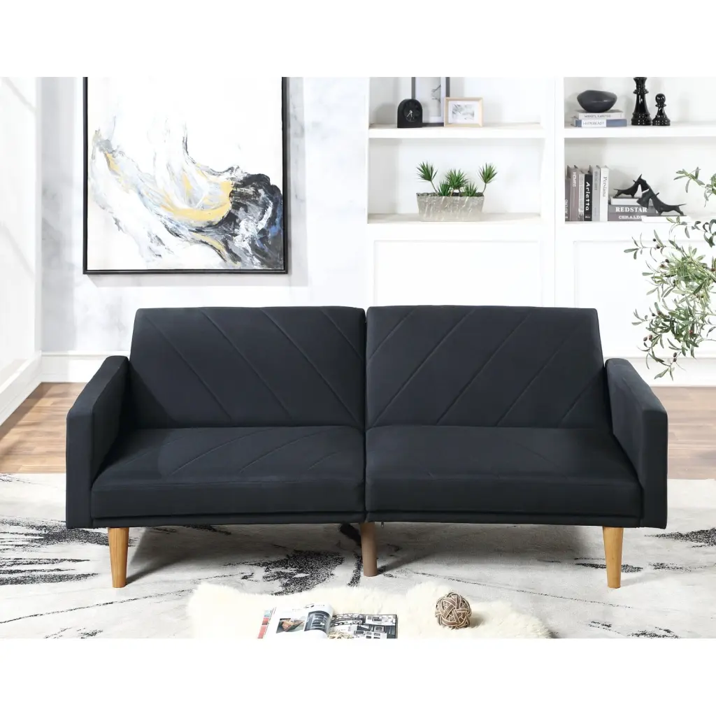 Miekor Furniture Modern Electric Look Convertible Sofa Couch Black Linen Like Fabric Cushion Clean Lines Wooden Legs Livin...
