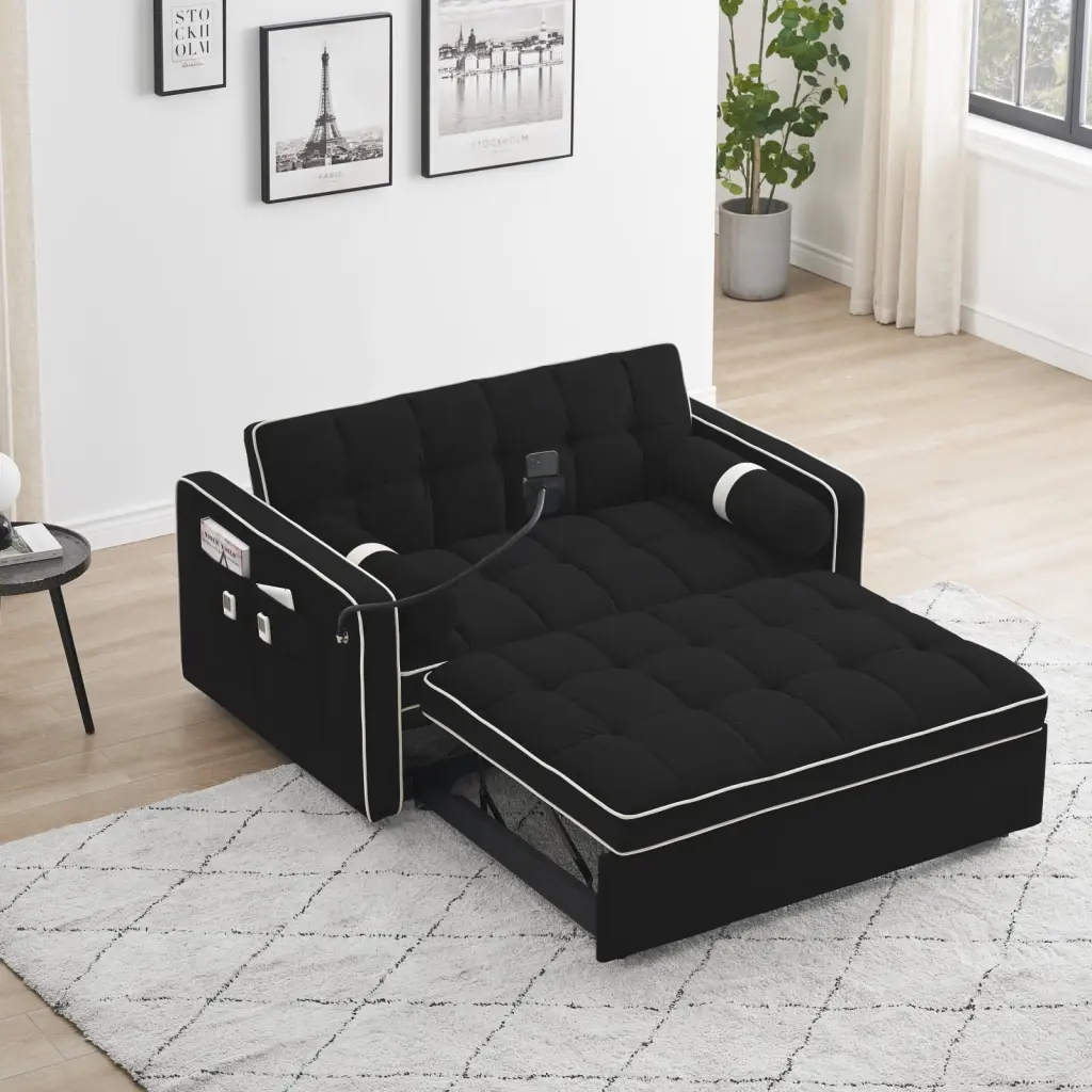 Miekor 55 Modern Velvet Convertible Sleeper Sofa Bed Black Small Spaces