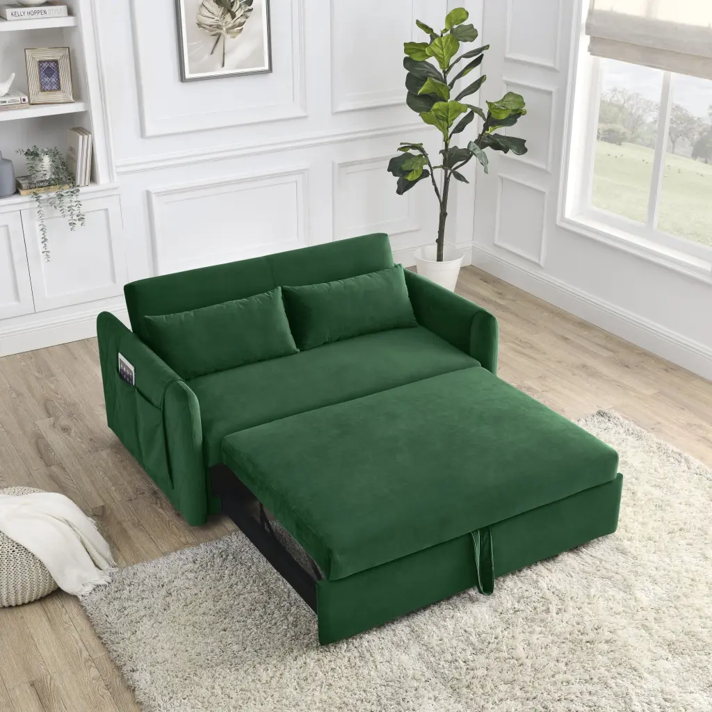 55 Modern Convertible Sofa Bed Grid Design Armrests and 2 Pillows Miekor