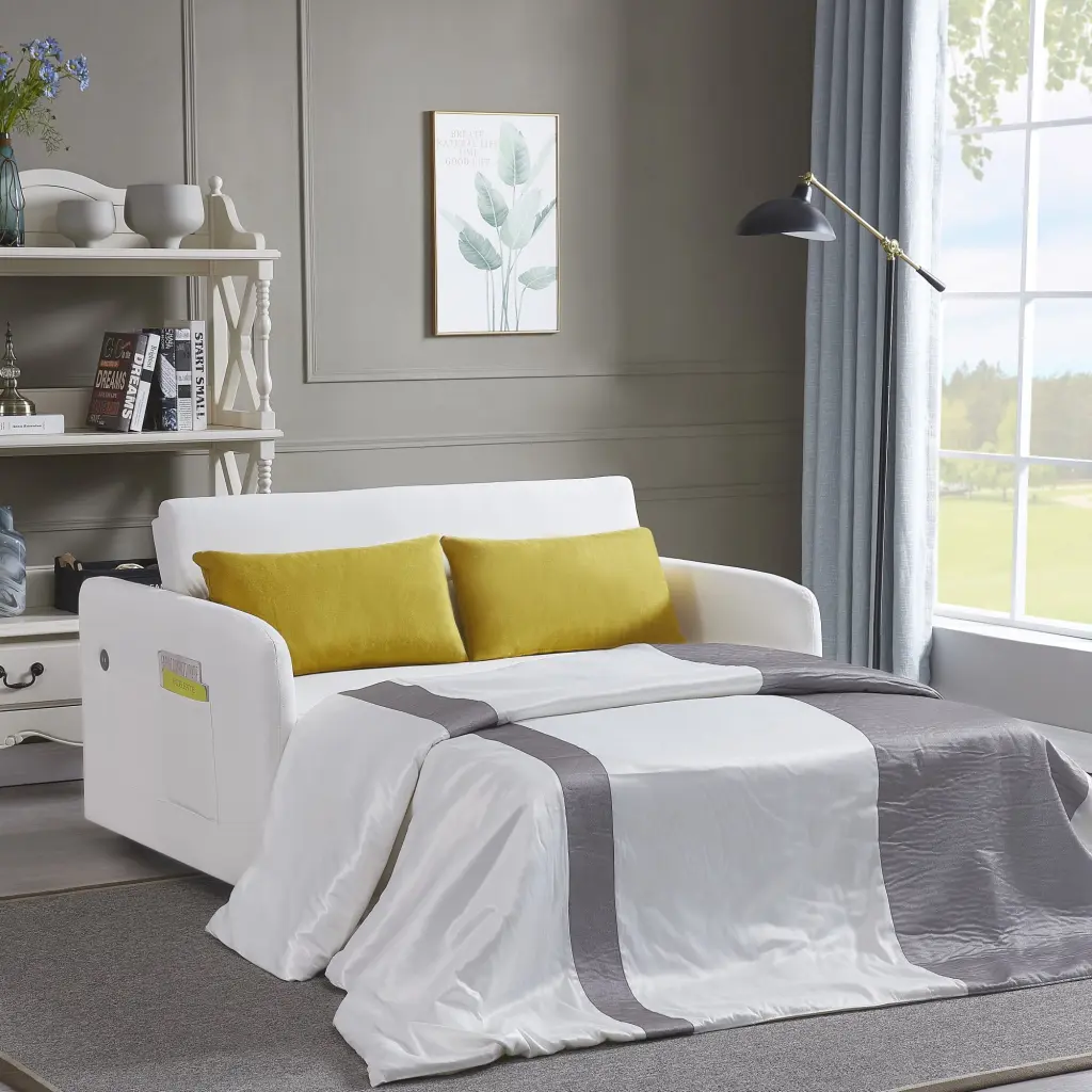Twins Sofa Bed Cream Fabric Comfortable Convertible Couch Miekor